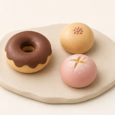 キッチンスポンジを軽量粘土で包んだドーナツとパンのスクイーズのイメージイラスト