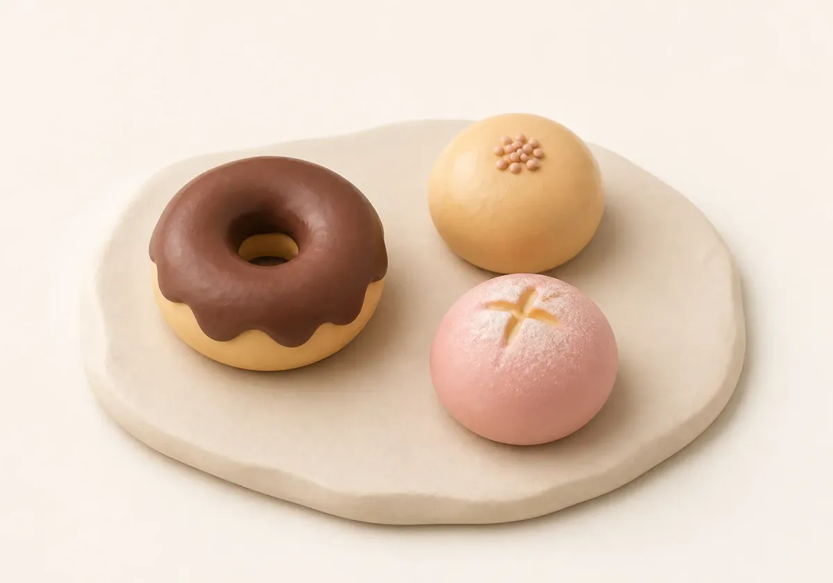 キッチンスポンジを軽量粘土で包んだドーナツとパンのスクイーズのイメージイラスト