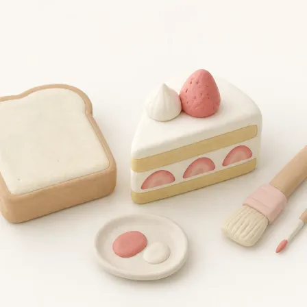 低反発スポンジに色をぬって作った食パンとケーキのスクイーズのイメージイラスト
