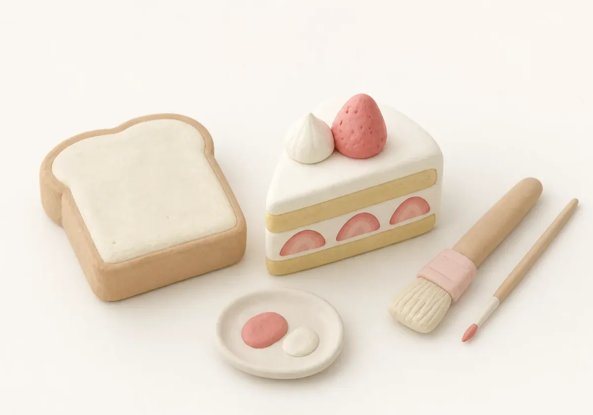 低反発スポンジに色をぬって作った食パンとケーキのスクイーズのイメージイラスト