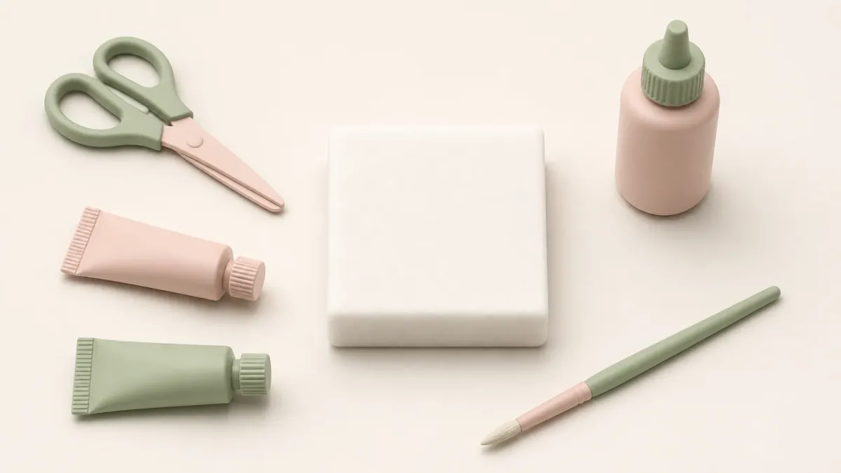 低反発スポンジと、はさみ・ボンド・絵の具・筆がならんだ、作りはじめる前の机のイラスト